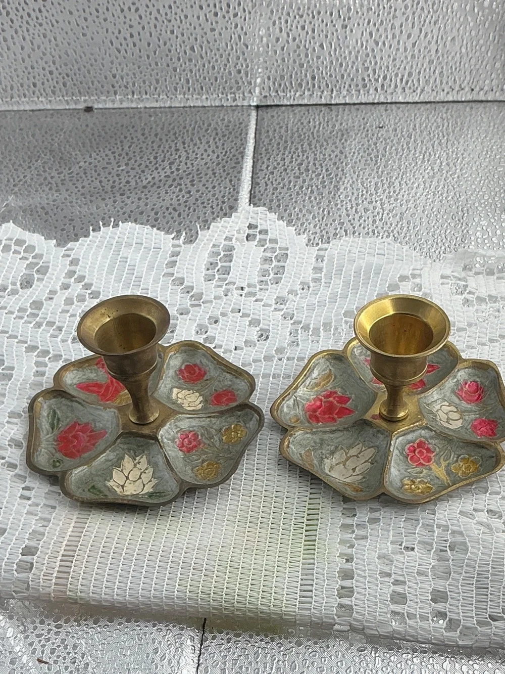 Vintage Pair of Floral Enameled Brass Candle Holders From India
